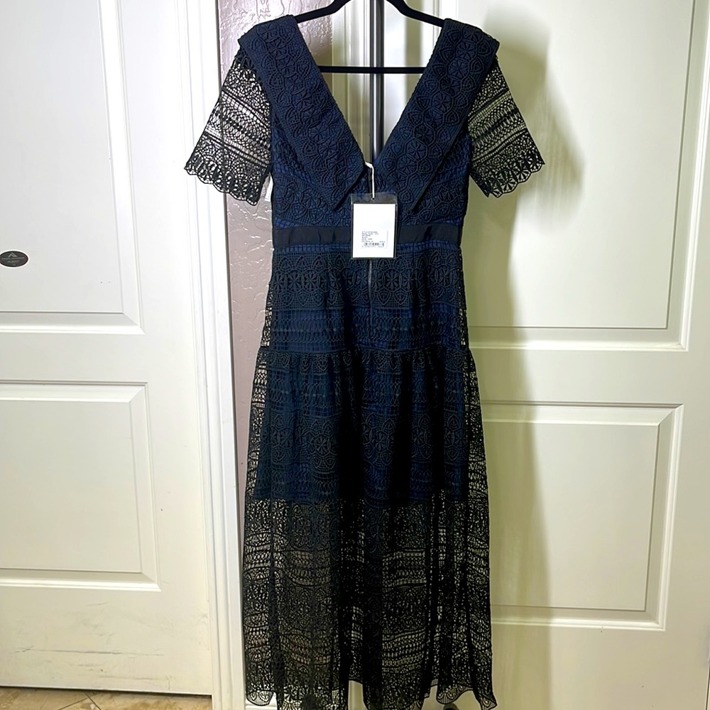 Self Portrait Spiral Panel Lace Midi Dress Navy Blue US Size 6 NEW - Picture 9 of 13
